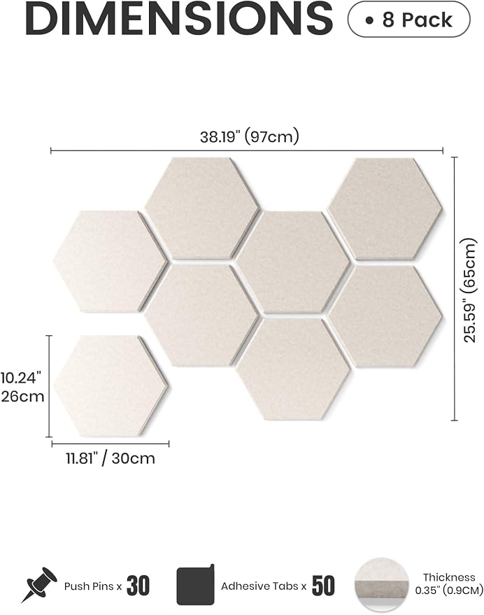 Fluxynara 8-Pack Hexagon Felt Bulletin Board Tiles, Oatmeal | Cork Board Alternative with 50 Adhesive Tabs for Notes, Photos and Reminders in Home Offices, Dorm and Classrooms