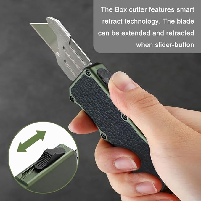 Caresolove Utility Knife Quick Exit Button, EDC Double Action Automatic Knife Push Button, Boxcutter Retractable With Clip, Auto Out The Front Box Cutter With 5PCS Replacement Blades