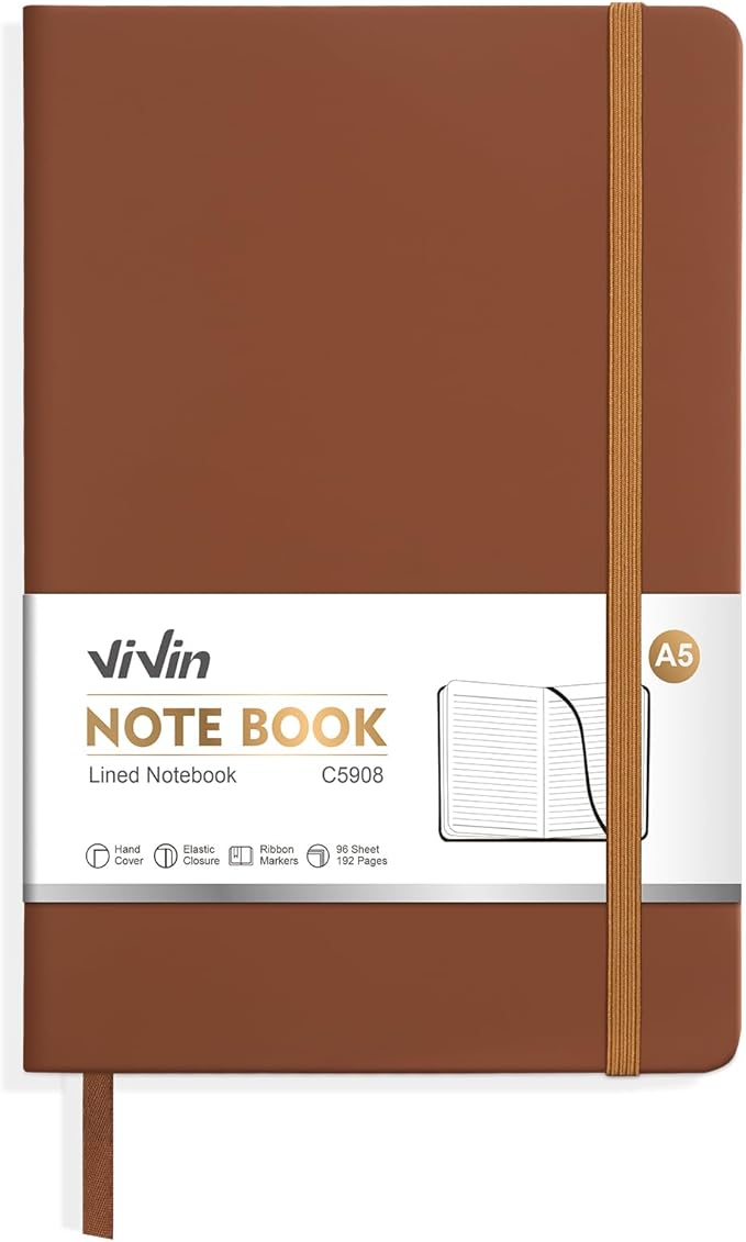 ViVin Lined Journal Notebooks for Work, 192 Pages, Medium 5.5 x 8.3 inch, College Ruled, A5 Hardcover Journaling Notebooks for Writing，Brown，1 Pack