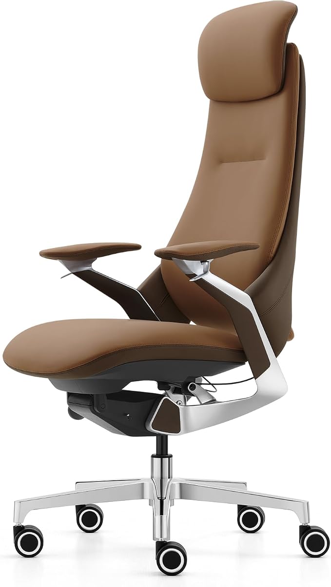 Genuine Leather Executive Office Chair，Top-Grain Cowhide, Ergonomic Design | Adjustable seat and headrest heights, 3-position recline (lockable)—suitable for home offices and high-end office settings.