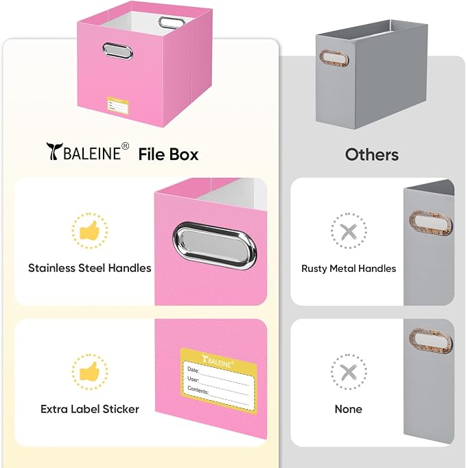 BALEINE File Organizer Box, Cardboard File Folder Organizer with Handle for Letter Size, Portable Collapsible Hanging Filing Box for Home Office Document Storage (8 Pack, Large Pink)