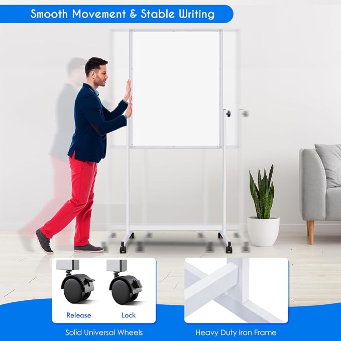 Maxtek Rolling White Board 44 x 28in,Height Adjustable Whiteboard on Wheels | Mobile Easel Large Magnetic Portable Double-Sided Dry Erase Board with Stand for Classroom, Home, School, Office and Teachers