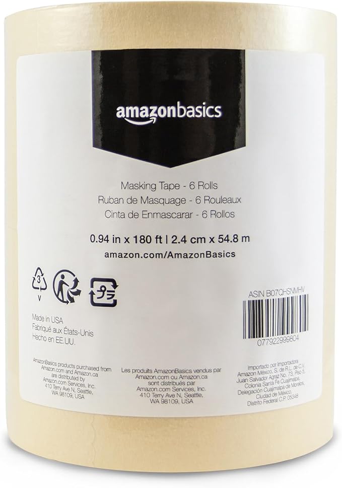 Amazon Basics Masking Tape for Light Duty Applications, Labeling, Easy Removal, Tears by Hand, 0.94" x 180', Beige, 6 Rolls