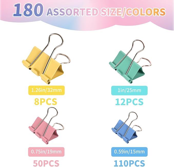 180Pcs Colorful Binder Clips Assorted Size, Metal Paper Clips for Daily Use | Clips Office Supplies for Documents, Files, School Supplies, Home and Desk Organization