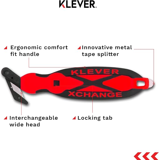 XChange Box Cutter, Klever Kutter Package Opener Wide Cut Head, Ergonomic Soft Touch Handle Utility Knife, Cuts Thicker Substrates, Boxes, Film, Tape and More, Red, 10 Pack (KCJ-XC-30R)