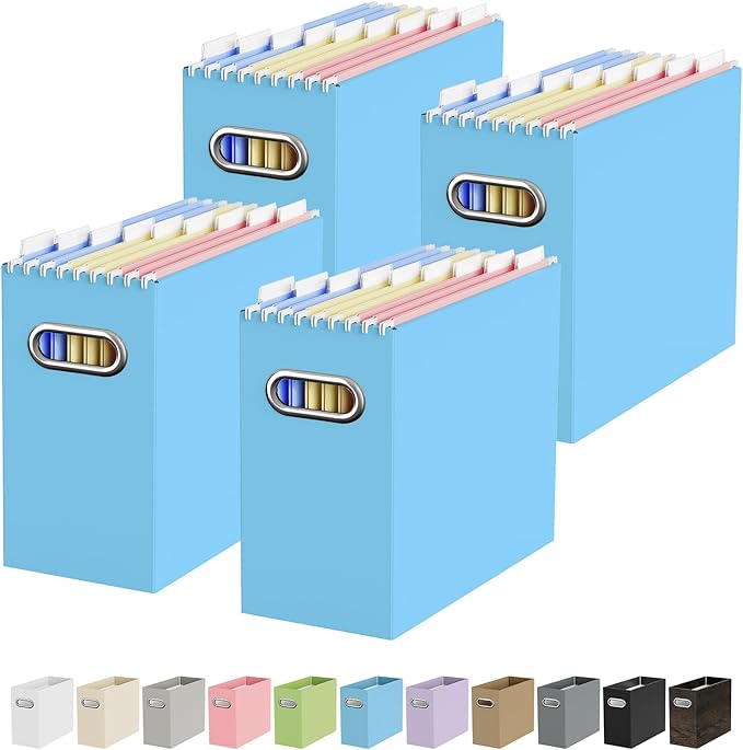 Portable Collapsible Cardboard File Box with Handle for Letter-Size | 4-Pack. Stainless Steel Handle. Label Stickers Included. Fits Letter Folders (Not Included). Home, Office, School, Dorm, Tax.