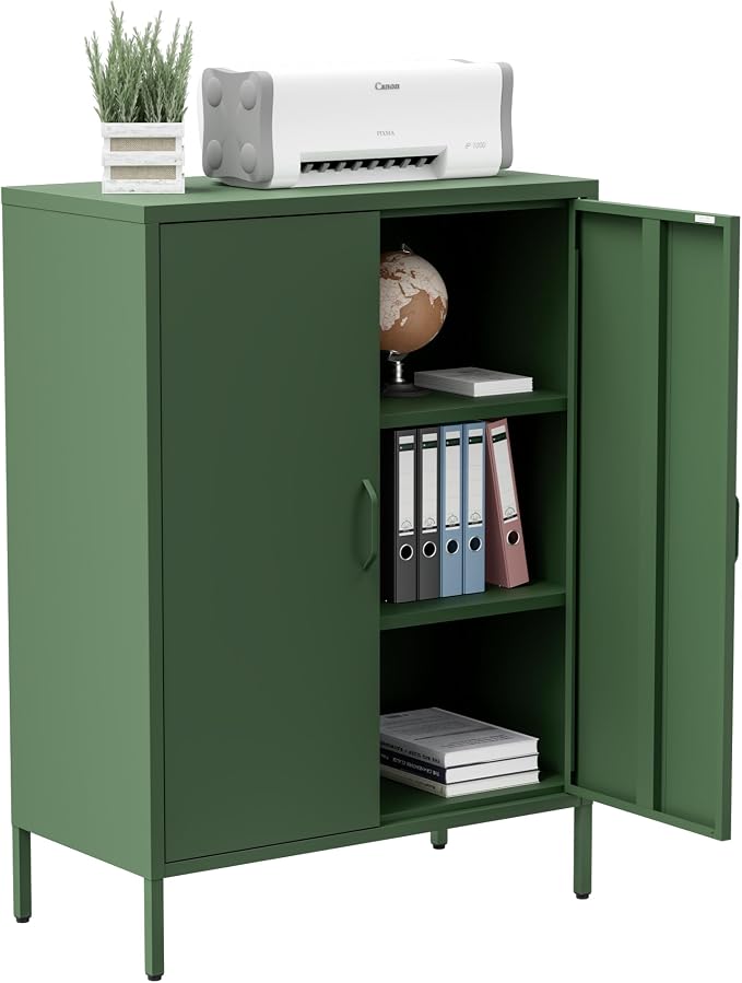 Washsemba Metal Storage Cabinet with Doors and Shelves,Multipurpose Storage Rack, 3-Tier Shelf,Metal Locker Style Accent Cabinet for Home Office,Living Room,Kitchen (Forest Green, 40''H)