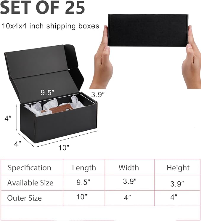10x4x4 inch Black Shipping Boxes for Small Business- Set of 25