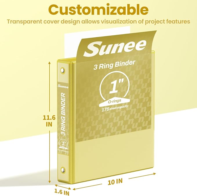 SUNEE 3 Ring Binder 1 Inch 1 Pack, Clear View Binder Three Ring PVC-Free (Fit 8.5x11 Inches) for School or Office Supplies, Yellow