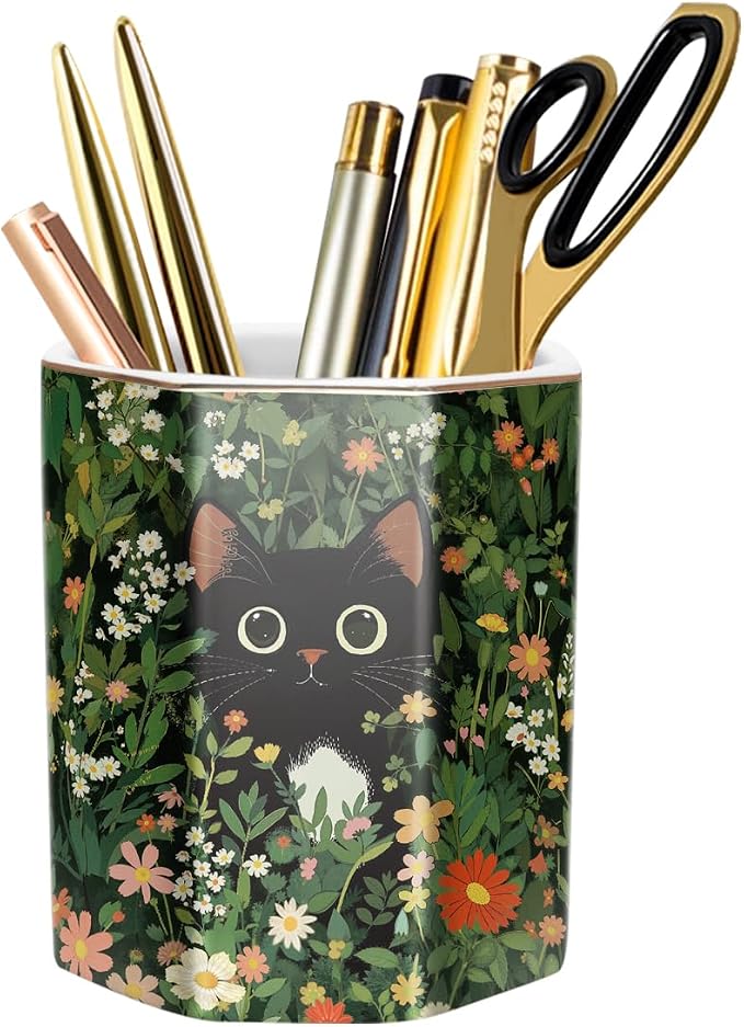 Pen Holder, Pencil Cup for Desk, Cute Desk Organizer, Durable Ceramic Decorative Makeup Brush Desktop Accessories, Stylish Stationery for Office, Home, Cute Cat Pattern