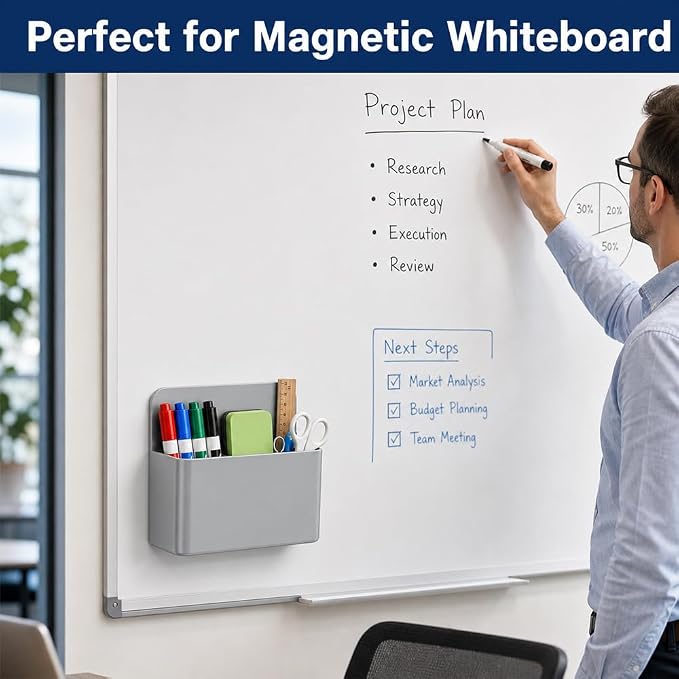 Magnetic Pencil Pen Holder, 2PCS Dry Erase Marker Holder for Whiteboard, Grey Magnet Storage Pencil Cup Case Box Fridge Organizers Locker Accessories for Office School Classroom Teacher Must Haves