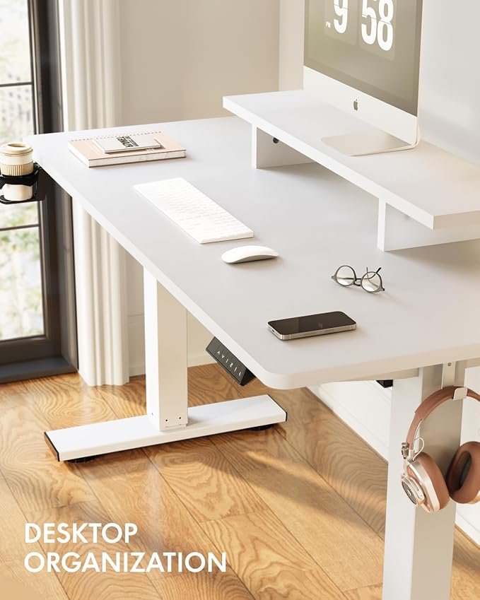 FLEXISPOT Standing Desk with Monitor Stand, 55 x 24 Inches One-Piece Electric Height Adjustable Computer Desk with Cup Holder for Home Office, White