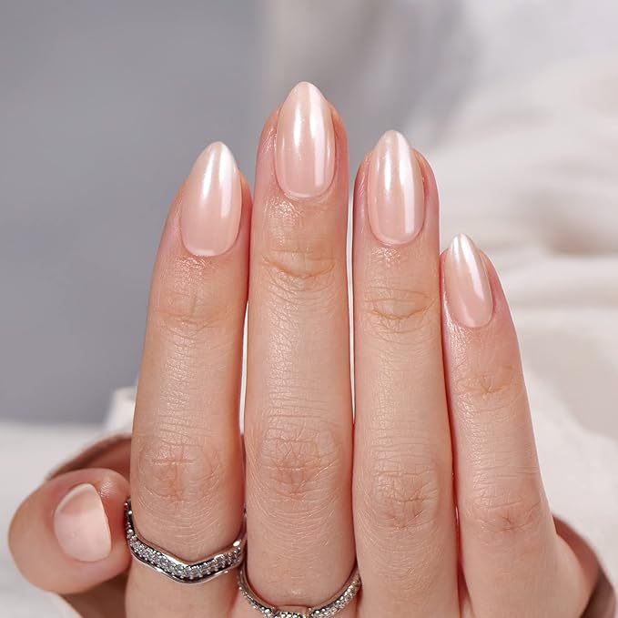 BTArtbox Press On Nails Almond - Short Nude Natural Nails Press Ons, Glue On Nails for Wedding Birthday Gift, Supremely Fit & Glossy Stick On Nails in 16 Sizes - 32 Nail Kit, Nudies