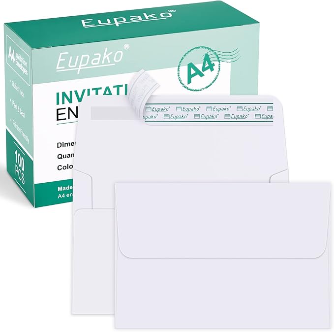Eupako A4 White Photo Envelopes 4x6, 100 Pack Self Seal Envelopes for 4x6 Cards, Photos, Invitations, Wedding, Graduation, Baby Shower, 4.25 x 6.25 Inches