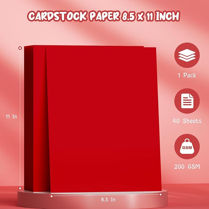 40 Sheets Red Cardstock Paper 8.5 x 11, Red Card Stock Paper, Cardstock Printer Paper 8.5 x 11, 200 GSM Red Construction Paper, Heavy Card Stock for DIY Cards, Invitations, Greeting Cards