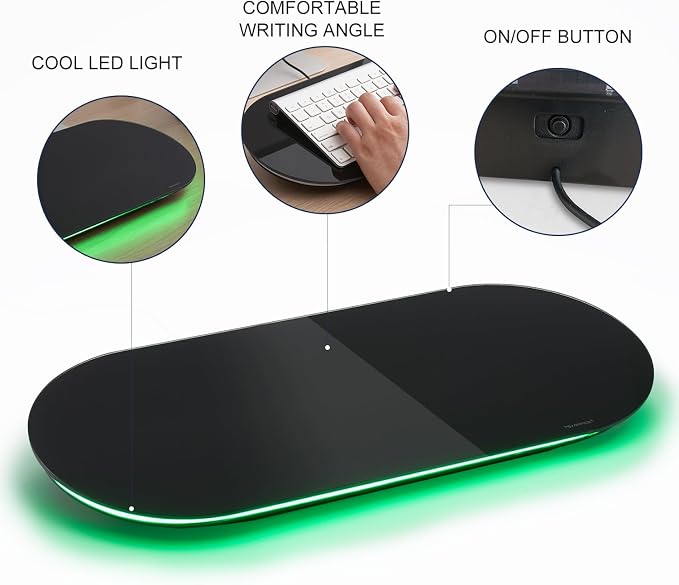 Glass Desktop Whiteboard - 17 X 7 Inches Black Board Green Light | Glass Surface/Notepad with 1 Drawer/ Desk Organizers/ for Office, Home, School Supplies