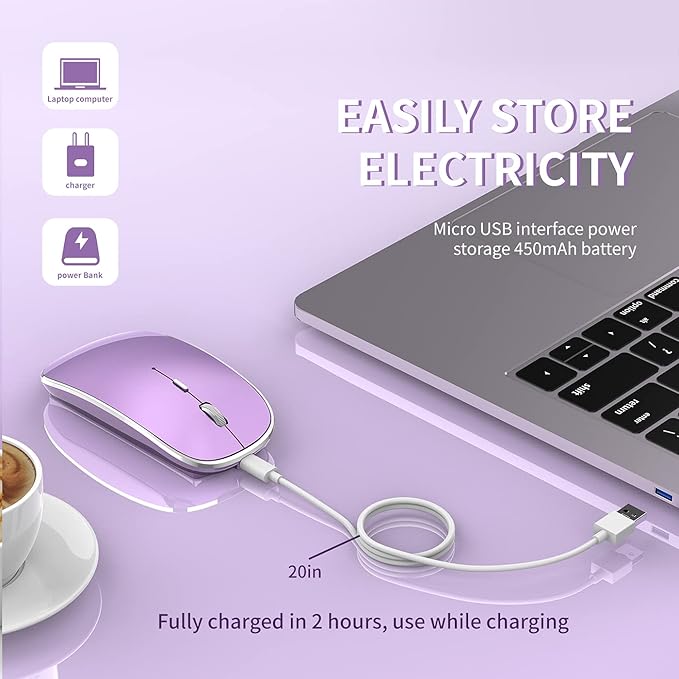 Wireless Mouse Chargeable Portable Silent USB and Type-C Dual Mode Wireless Mouse 3 Adjustable DPI for Laptop, Mac, Android, PC (Q23S Black) (Purple)
