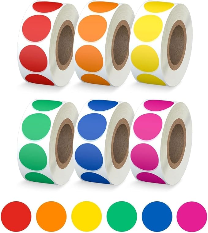 3/4" Round Color Coding Circle Dot Sticker Labels, 6 Colors | 6 Rolls (500/Roll) - 3000 PCS, Self Adhesive Dots Stickers, for Toddler/Office/Family/Student Classroom, BPA free & Easy Peel