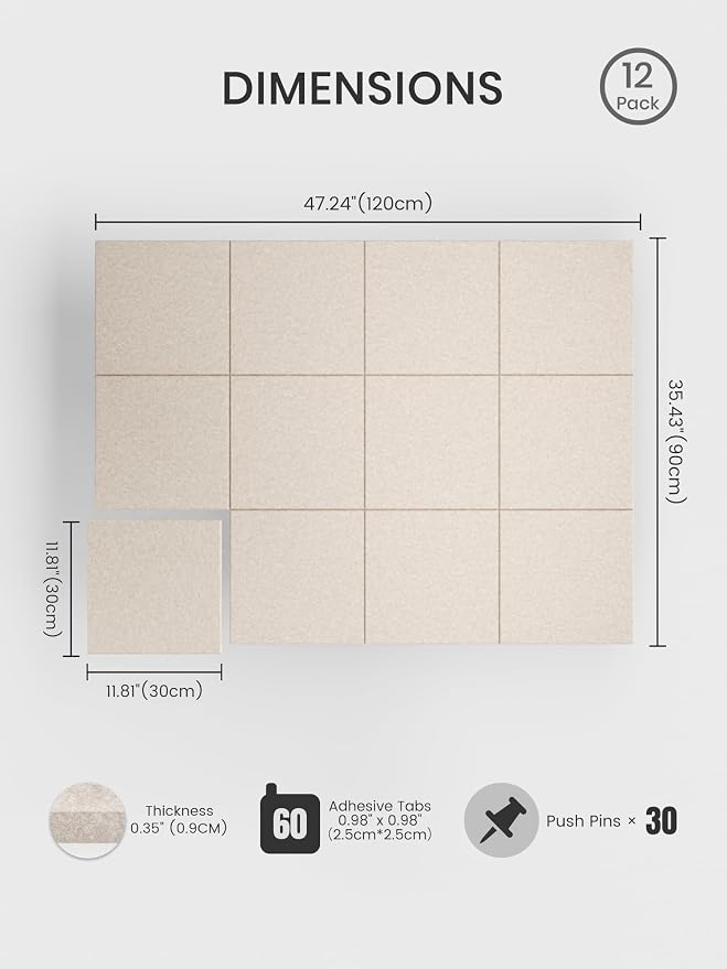 Bumusty 48"x 36" Large Felt Bulletin Board Tiles, Oatmeal | 12-Pack Cork Board Alternative, Wall Decor, 30 Pushpins, 60 Adhesive Tabs, Vision Board, Office, Classroom, Home, Dorm