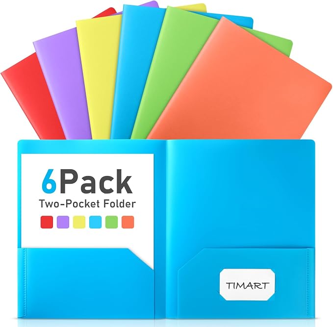 Timart Plastic Folders with Pockets, 2 Pocket Folders- 6 Pack | Fit Letter Size Paper, Business Card Slots, Colored Folders for School Office Home