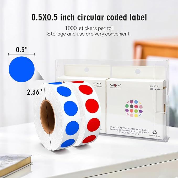 PARLAIM 1/2" Circle Dot Stickers 2 Rolls Pack 2000 Color Coded Labels for Home Commerce Business, Red + Blue
