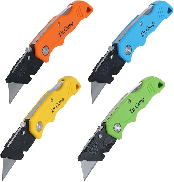 4 Pack Folding Utility Knife Heavy Duty Box Cutter Quick Change Blade Safety Lock Pocket Clip Ergonomic Grip for Home Office Warehouse Navaja Plegable de Trabajo Cuchillo Cortador de Caja