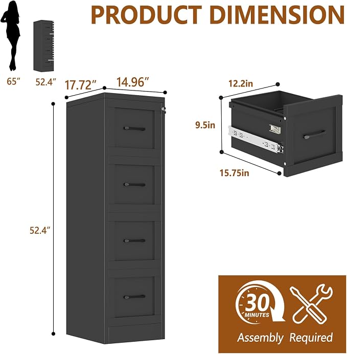 4 Drawer Metal File Cabinet with Lock,Narrow Vertical Filing Storage Cabinets,Steel File Organization for Legal/Letter/A4/F4 Size with Hanging Files,Lockable File Folders for Home Office, Black