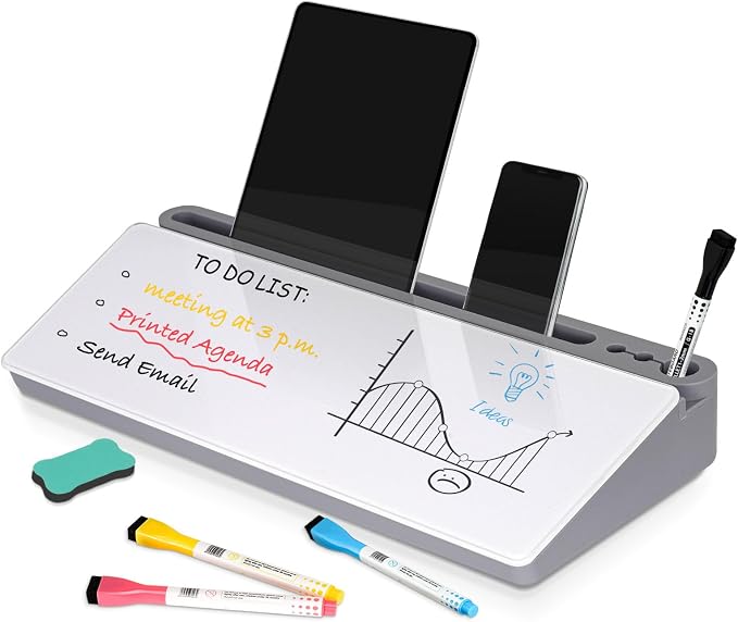 DOLLAR BOSS Glass Desk Whiteboard Small Dry Erase Board, Grey | Desktop White Board with Storage Drawer, Computer Keyboard Stand, Desk Organizer, Office Supplies, With Markers, Eraser