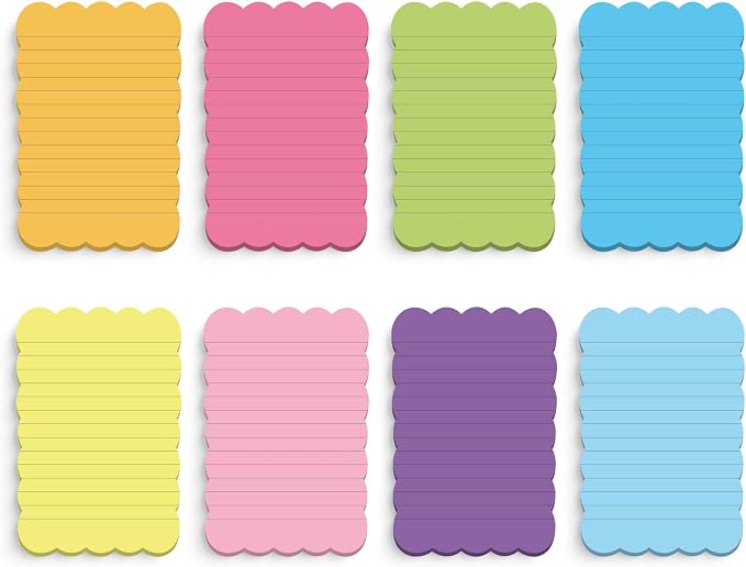 Eaasty 8 Pack Scalloped Sticky Notes Lined 4" X 6" Rainbow Memo Pads | Aesthetic Cute Wavy Edges, Self-stick for School Office Desk, 240 Sheets Bulk, Pretty Design for Reminders Planning