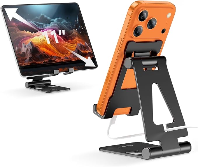 Aoviho Foldable Cell Phone Stand for Desk, Holder for iPhone,Black | Folds Flat for Easy Storage, Hands-Free Viewing, Fits iPhone 17/16/15 Series & Samsung Galaxy, Ideal for Office & Home