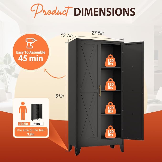 PAOFIN 61" H Kitchen Storage Cabinet with Doors | Freestanding Pantry Cabinet,Farmhouse Food Storage Cabinets,Tall Cabinets for Kitchen, Dining Room, Living Room(Black)