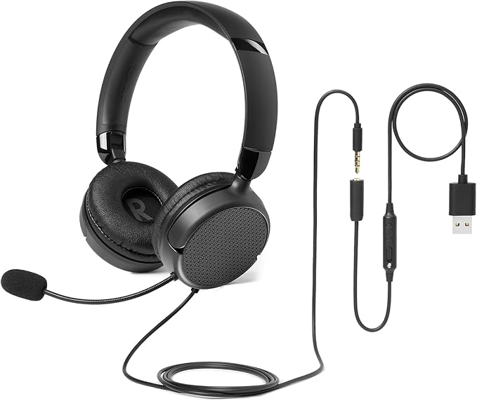Amazon Basics On Ear Wired Computer Headset with Adjustable Microphone, 3.5mm Port or in-Line Control with USB-A Port, Foldable, Clear Sound, Small/Medium Size, Black