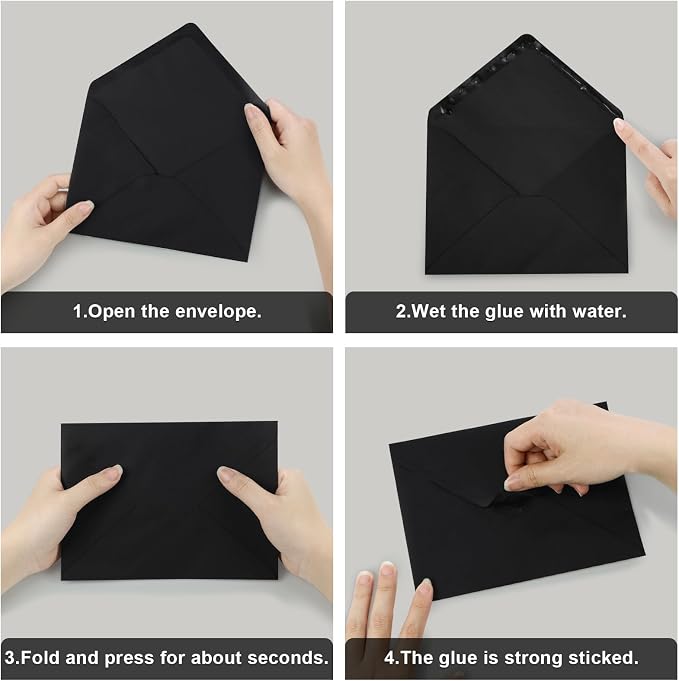 100 Pack A7 Envelopes, Black Greeting Card Envelopes Self Seal, 5.24 x 7.24 in Envelopes for Birthday Graduation Baby Shower Wedding Invitation Cards