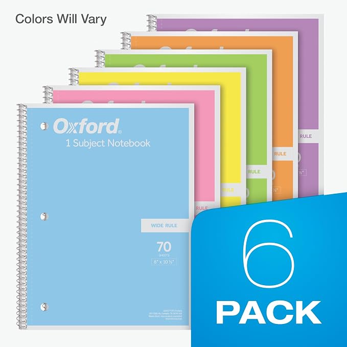 Oxford Spiral Notebooks, 6 Pack, 1 Subject, Wide Ruled Notebooks for School, 8 x 10.5 Inches, 70 Sheets, Assorted Pastel Colors, Back to School Supplies (63757)