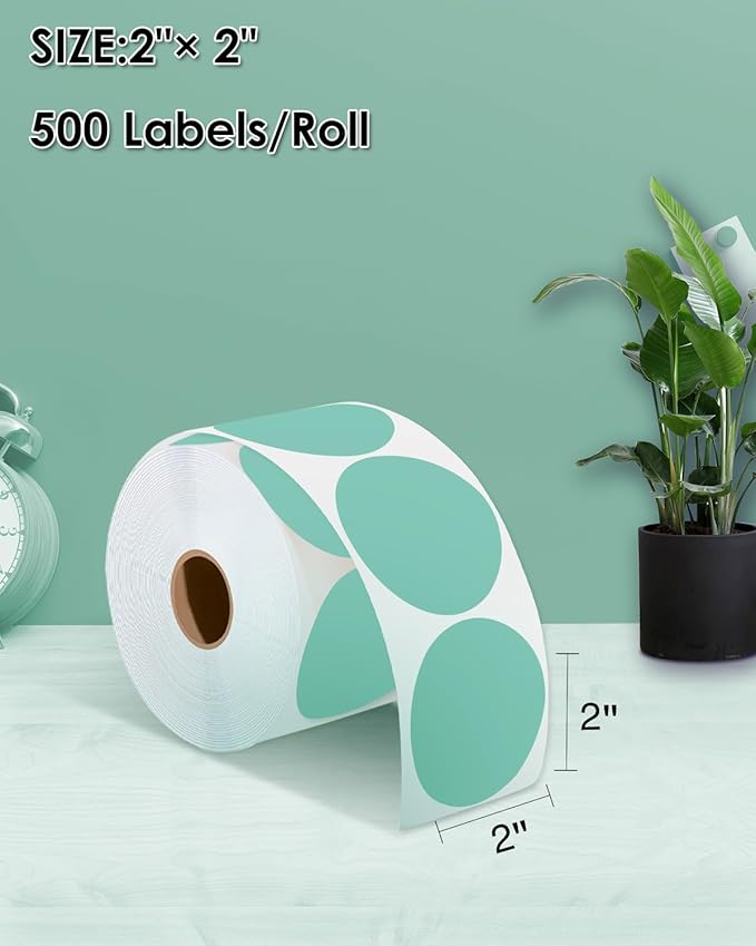 2 Inch (50.8mm x 50.8mm) Round Thermal Sticker, Self-Adhesive Circle Direct Thermal Labels, Multi-Purpose Roll Sticker for DIY Logo Design, QR Code, Name Tag, Roll of 500 Labels, Green