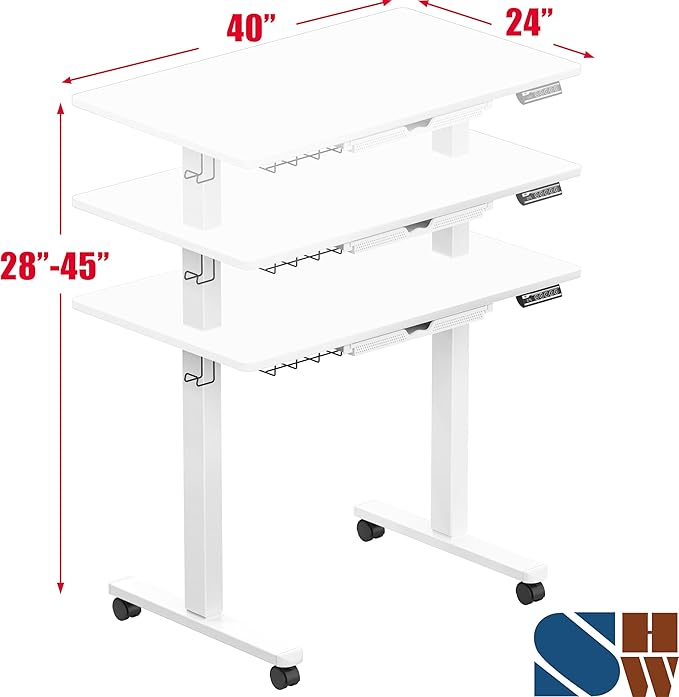 SHW 40-Inch Mobile Electric Height Adjustable Sit to Stand Desk with Drawer, Hanging Hooks and Cable Management, White