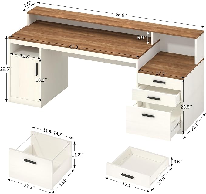 65" Computer Desk with 3 Drawers & Printer Shelf for Home Office | Office Desk with Printer Shelf & File Drawer, Executive Desk Writing Study Table with Monitor Stand, Brown & White