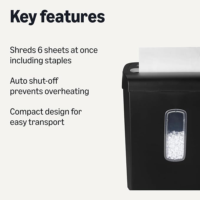 Amazon Basics Paper Shredder, 6-Sheet Micro-Cut, P-4 Security Level,3.7 Gallon, Black, for Home Office