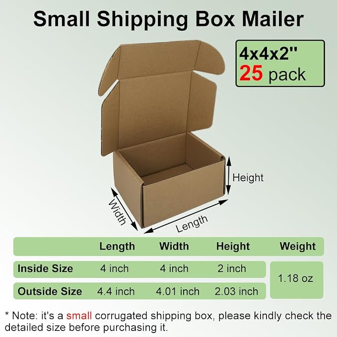4x4x2'' Small Shipping Boxes 25 Pack, Brown Corrugated Cardboard Mailers for Mailing Packaging Business (BR442-25)