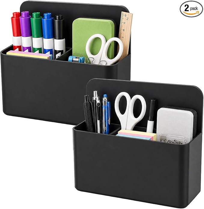 Magnetic Pencil Pen Holder, 2 PCS Dry Erase Marker Holder for Whiteboard, Black Magnet Storage Pencil Cup Case Box Fridge Organizers Locker Accessories for Office School Classroom Teacher Must Haves