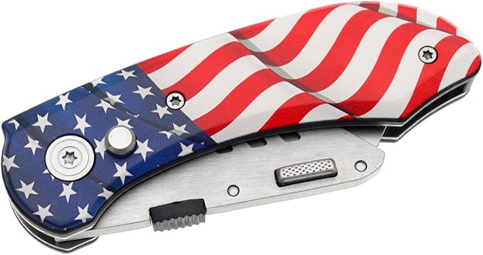 Utility Knife Folding Safety Lock Quick Change with 10 Extra SK5 Replacement Blade Lightweight Aluminum Handle & Pocket Clip Multi-Use Box Cutter Office Home Art Diy Great Gift Choice (New.Flag)