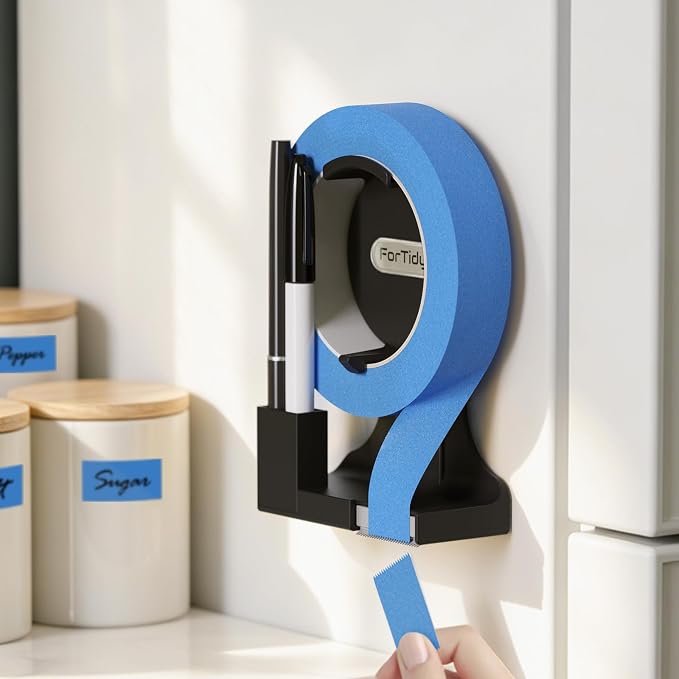 ForTidy Magnetic Masking Tape Holder, Painter's Tape Dispenser, Black | Removable Label System, Cutter Pen Holder, For Home Kitchen, Office, Fridge, Garbage, School (Tape and Pen Not Included)