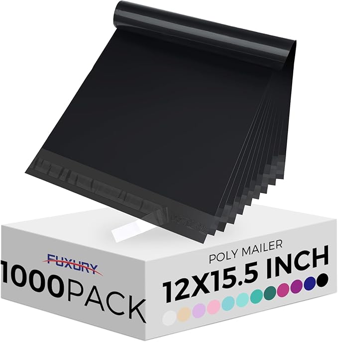 Fuxury 12x15.5" 1000pcs Shipping Bags Poly Mailers for Clothing,Waterproof Shipping Bags for Clothing, Strong Adhesive Shipping Envelopes for Small Business, Black