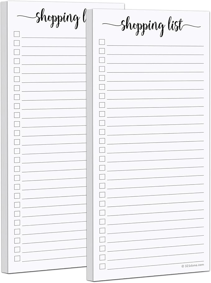321Done Grocery List Notepad, Skinny 3.7x8.5 Inches, 2-Pack, 50 Sheets Each | Made in USA - Slim Shopping List Pads for Kitchen Planning, Meal Prep and Errands, Thick Bright White Paper, Tear-Off Sheets