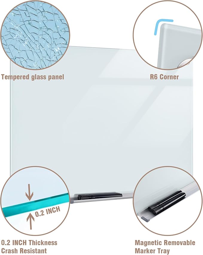 Mifuro Magnetic Glass Whiteboard，60"x48" Wall Mounted Frameless Dry Erase Board for Office, Home & School White
