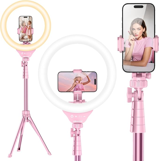 UBeesize 12'' LED Ring Light with 62'' Tripod Stand, Selfie Ring Light for Video Recording, Live Streaming, TikTok & YouTube, Compatible with iPhone & Android (Pink)