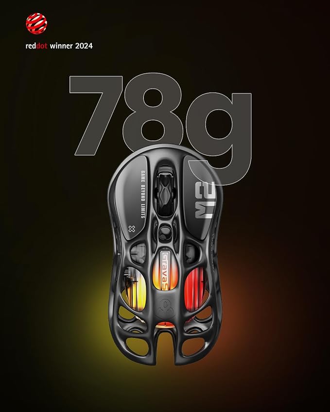 GravaStar Mercury M2 Wireless Gaming Mouse with 26,000 DPI, PAW3395DM Sensor -79g Lightweight Hollowed-Out Design -5 Programmable Buttons -5 Dynamic Lightsync RGB