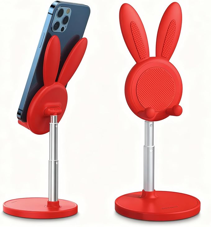 OATSBASF Cute Bunny Phone Stand Adjustable Phone Holder for Phones | Weighted Base Kawaii Desk Accessories, Aesthetic Room Decor Gift for Women/Girls/Kids, Compatible with All Phones