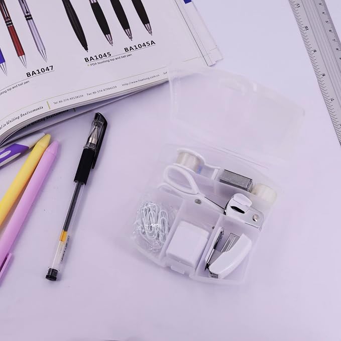 Mini Office Supply Kits Small Stapler for Student Office (White) | Includes Mini Stapler,Scissors, Staple Remover, Staples, Tape Dispenser for Gift (White)