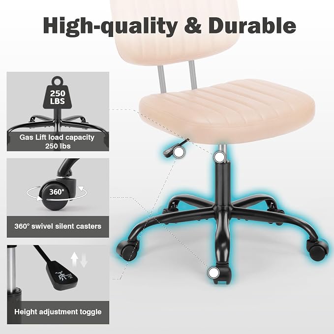 DUMOS Small Desk Chair, Home Office Chair, Lumbar Support | PU Leather, Low Back, 360 Swivel Wheels, Height Adjustable, Armless Computer Task, Brown